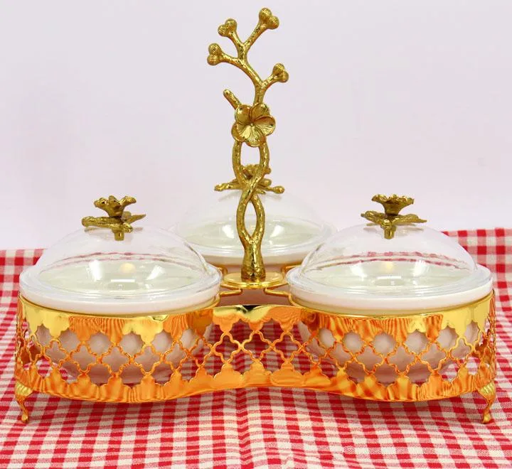 3 Pcs Ceramic Bowl With Golden Stand And Acrylic Lid