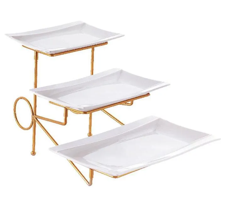 3 Tier Ceramic Plate With Gold Stand