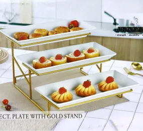 3 Tier Rectangular Plate With Gold Stand