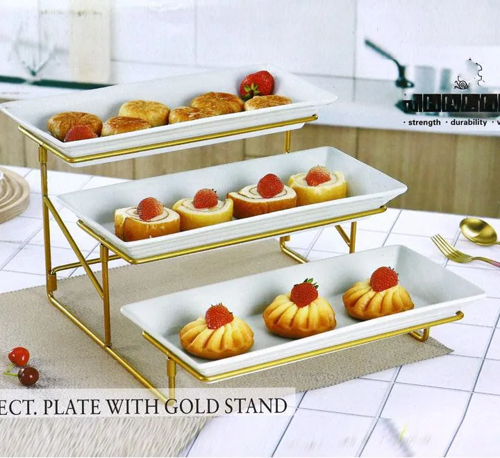 3 Tier Rectangular Plate With Gold Stand