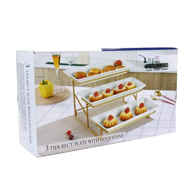 3 Tier Rectangular Plate With Gold Stand