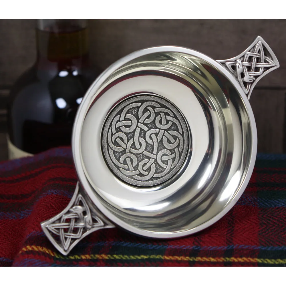 3.5 Inch Celtic Knot Handle Pewter Quaich Bowl with Badge