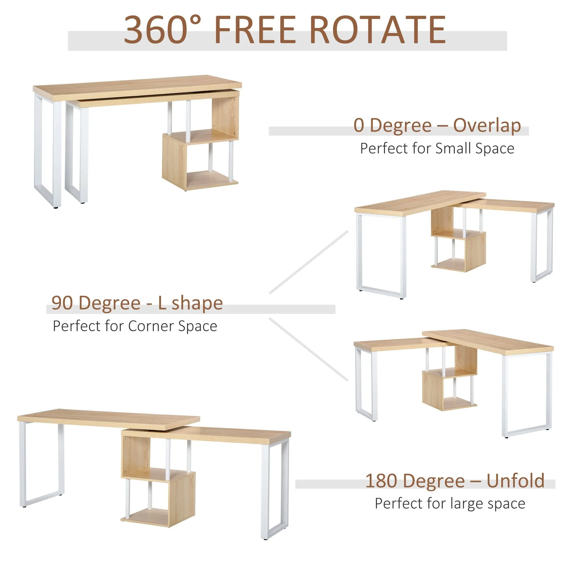 360 Degree Rotating Corner Desk L-Shaped PC Workstation Student Writing Table with Storage Shelf Home Office Oak Tone Computer