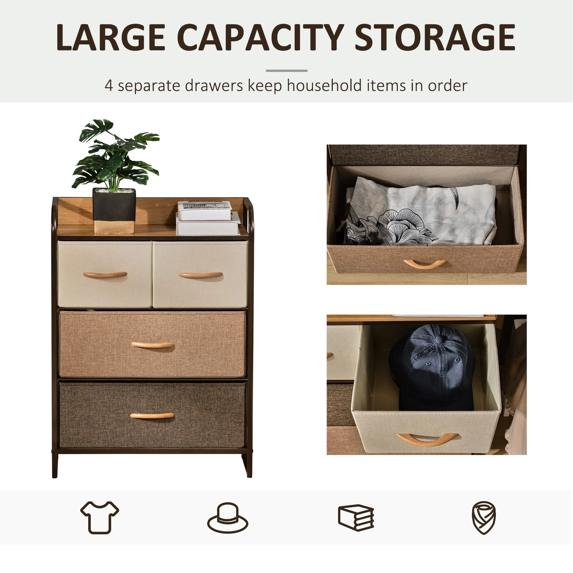 4-Drawer Dresser, 3-Tier Storage Organizer, Tower Unit for Bedroom Hallway Closets with Steel Frame Wooden Top Closet With 4 Easy Pull Fabric Drawer