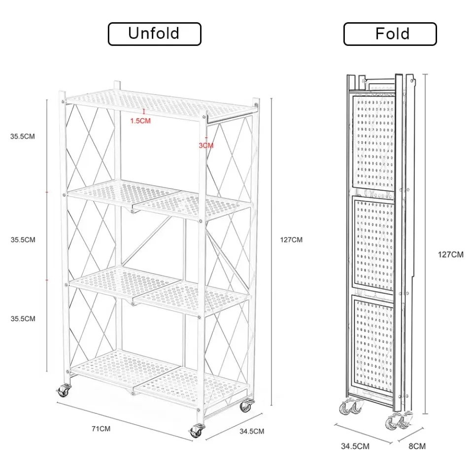 4 Layer Folding Storage Shelf Metal Rack with Rolling Wheel - Black