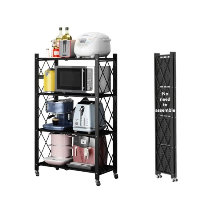 4 Layer Folding Storage Shelf Metal Rack with Rolling Wheel - Black