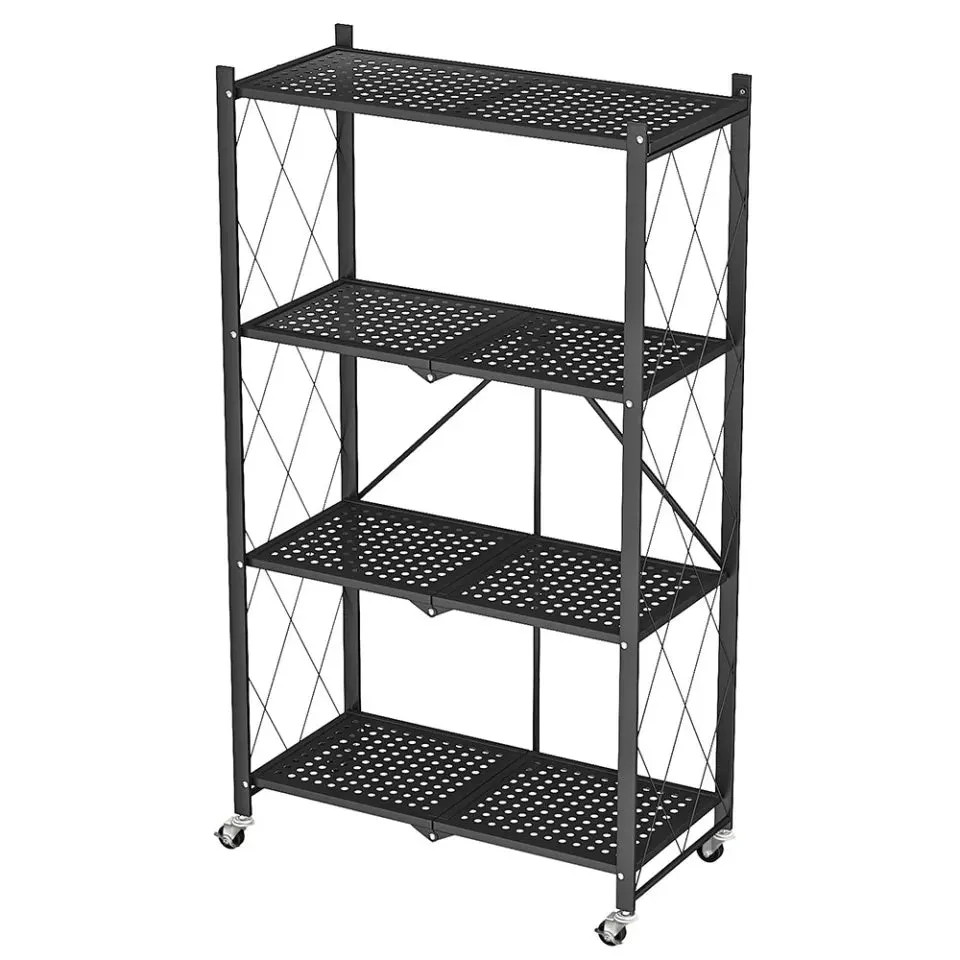 4 Layer Folding Storage Shelf Metal Rack with Rolling Wheel - Black