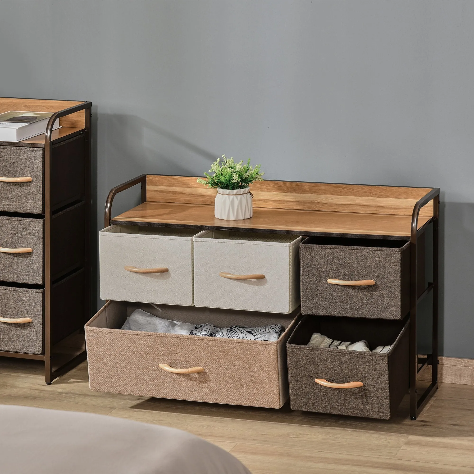 5-Drawer Dresser, Linen Fabric Chest of Drawers, Dresser Tower Unit for Bedroom Hallway Entryway, Storage Organizer with Steel Frame Wooden Top Drawer Clothes