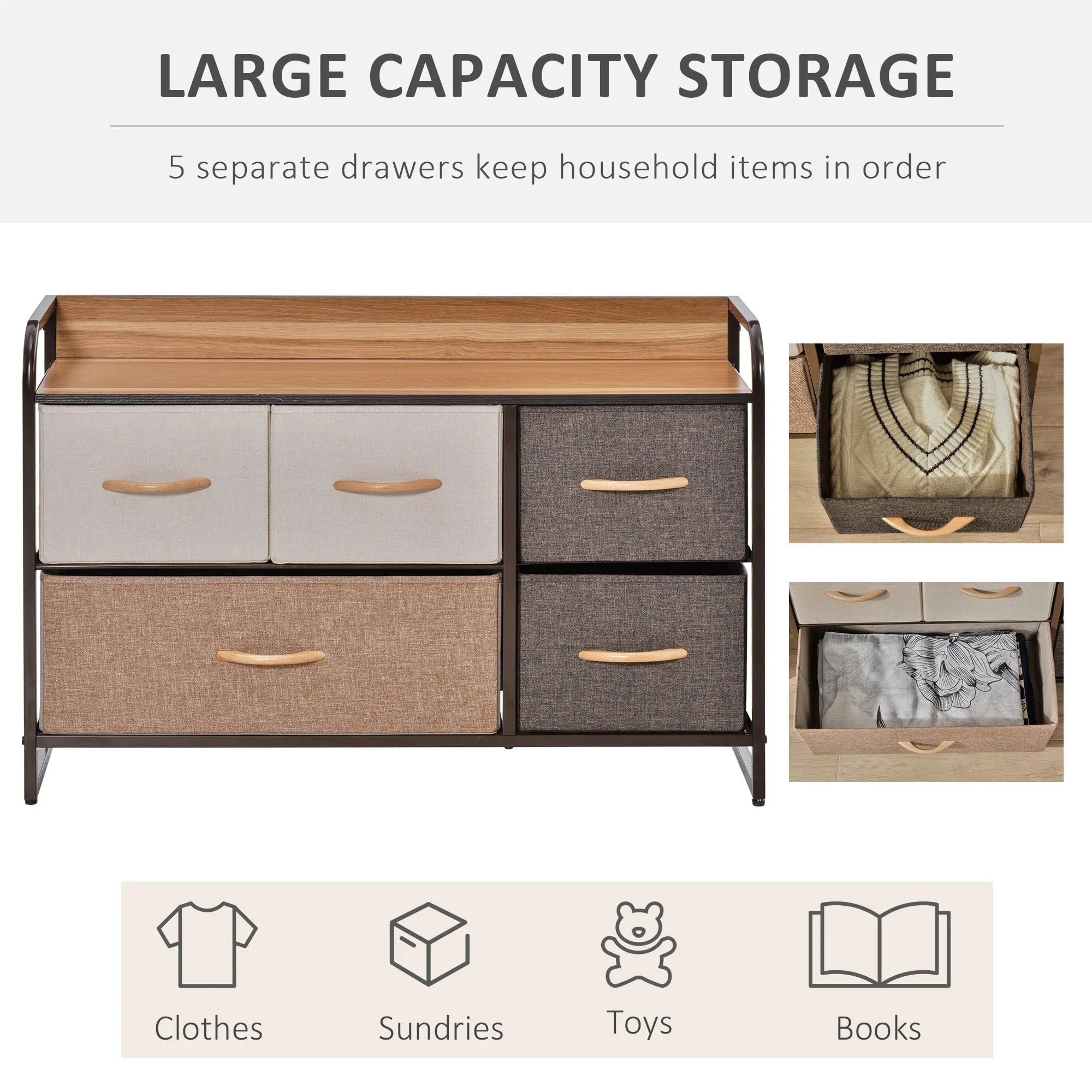 5-Drawer Dresser, Linen Fabric Chest of Drawers, Dresser Tower Unit for Bedroom Hallway Entryway, Storage Organizer with Steel Frame Wooden Top Drawer Clothes