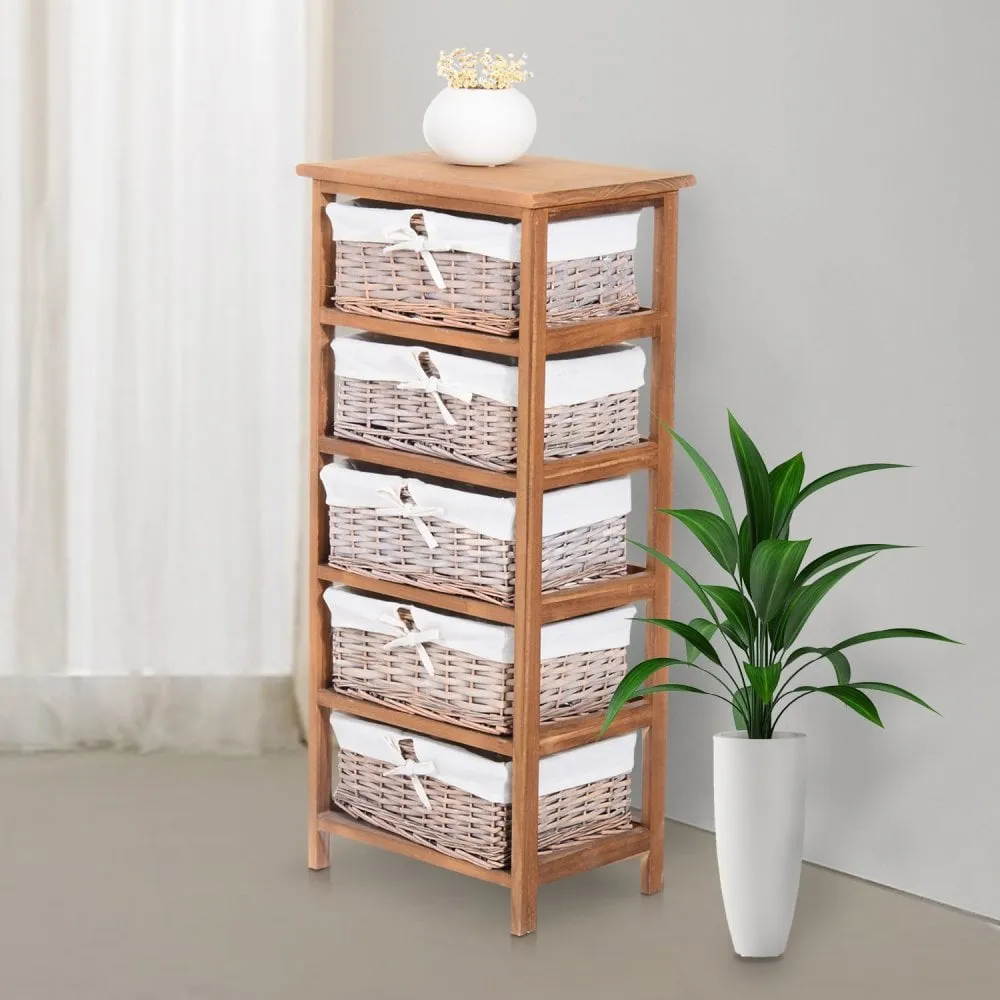 5-Drawers Storage Unit Wooden Frame with Wicker Woven Baskets Household Cabinet Chest