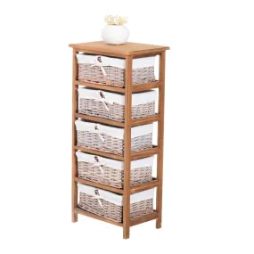 5-Drawers Storage Unit Wooden Frame with Wicker Woven Baskets Household Cabinet Chest