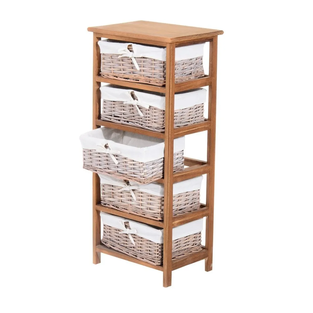 5-Drawers Storage Unit Wooden Frame with Wicker Woven Baskets Household Cabinet Chest