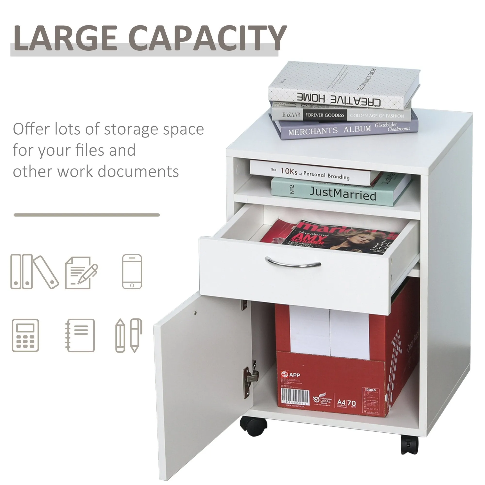 60cm Drawer Open Shelf Metal Handles 4 Wheels Office Home File Organiser Paperwork Mobile Printer White