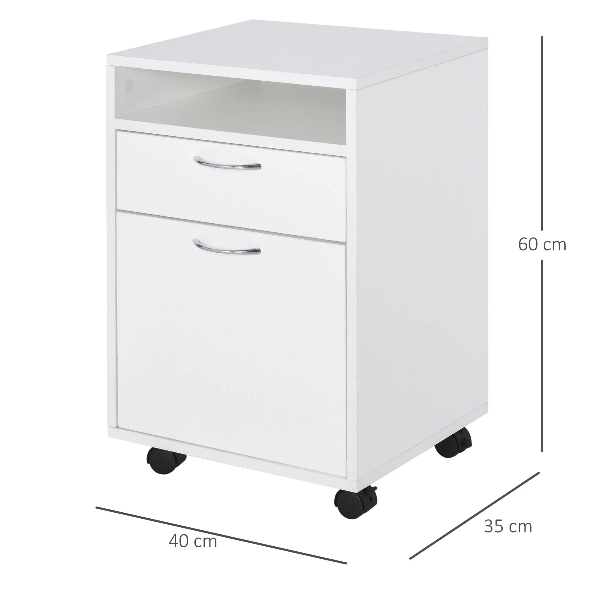 60cm Drawer Open Shelf Metal Handles 4 Wheels Office Home File Organiser Paperwork Mobile Printer White