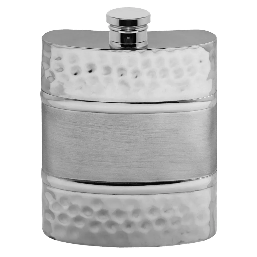 6oz Hammered Design Pewter Hip Flask With Satin Centre Band