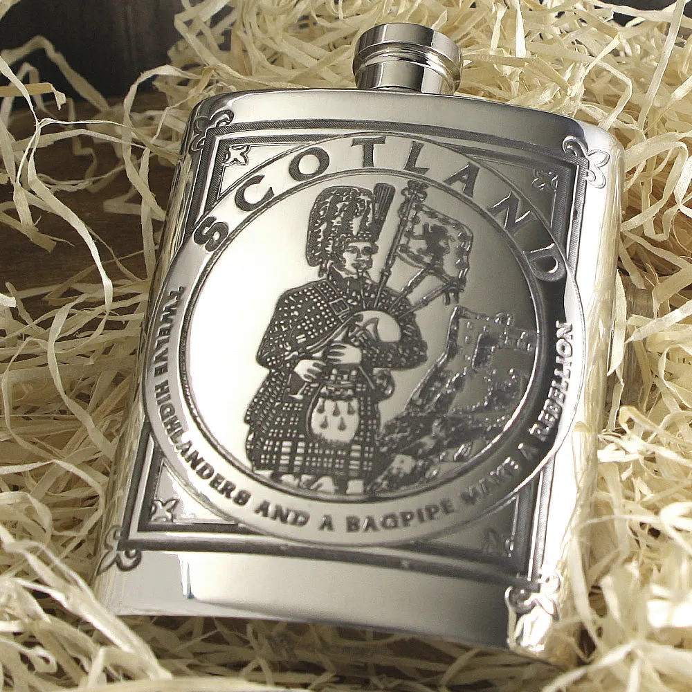 6oz Highland Piper Pewter Hip Flask