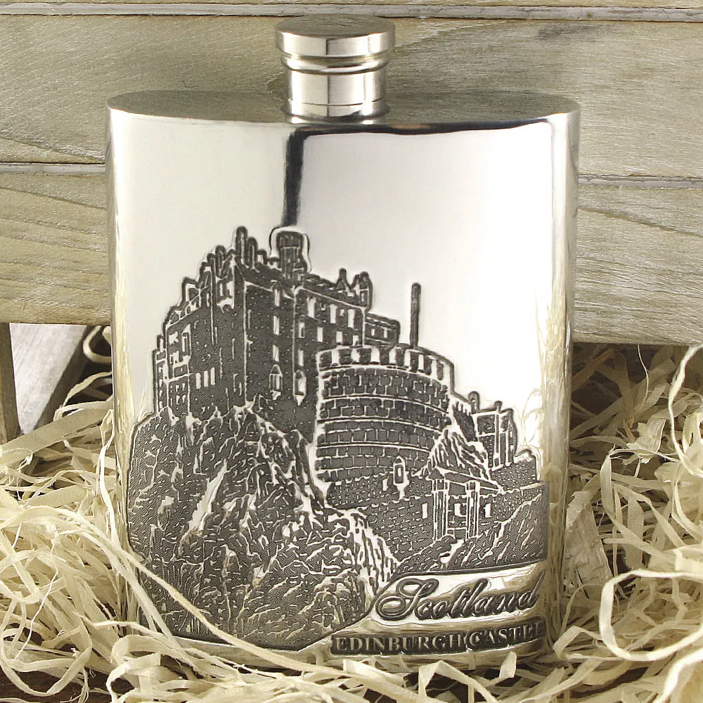 6oz Pewter Hip Flask with Edinburgh Castle Scotland Design