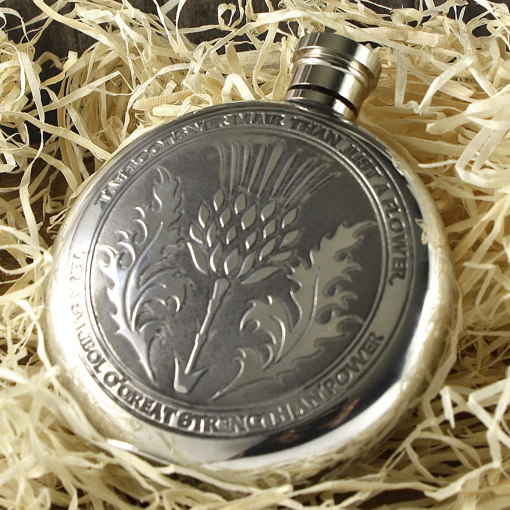 6oz Tae A Thistle Robbie Burns Scottish Round Pewter Hip Flask