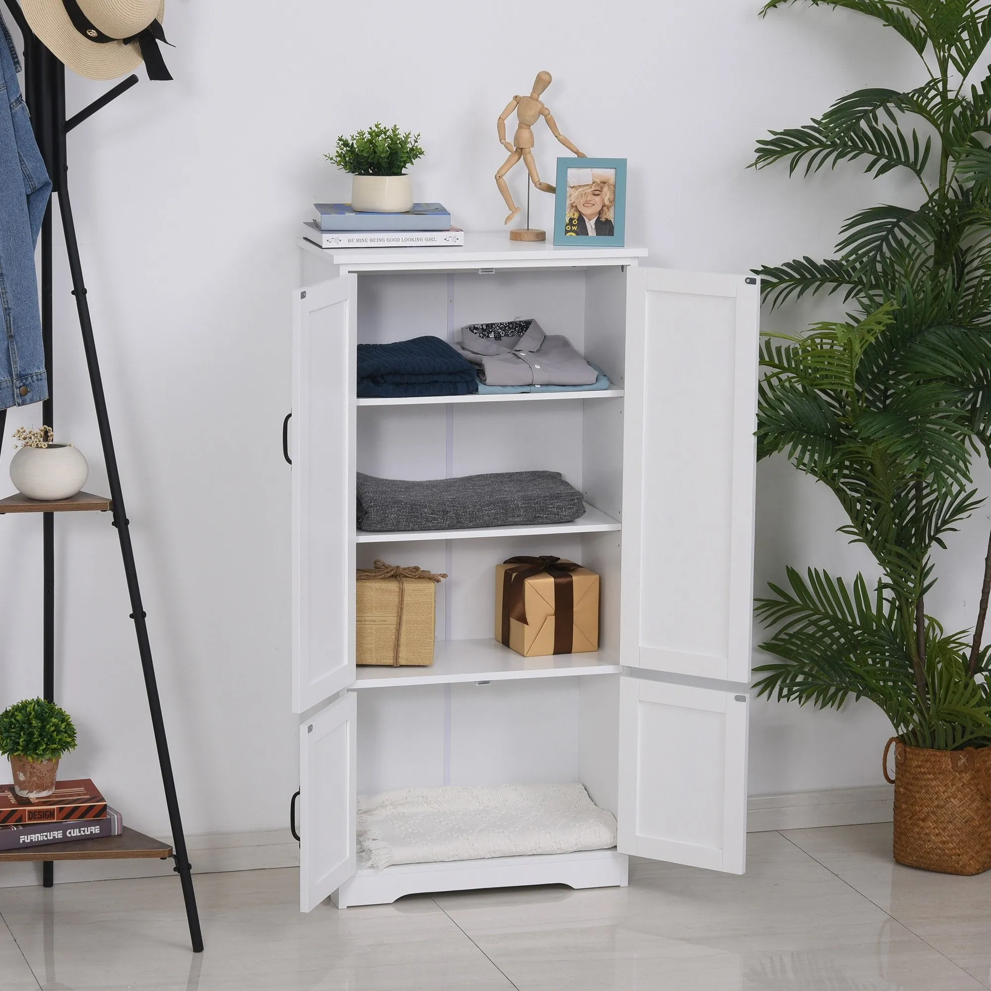 Accent Floor Storage Cabinet Kitchen Pantry with Adjustable Shelves and 2 Lower Doors, White w/Adjustable Shelves