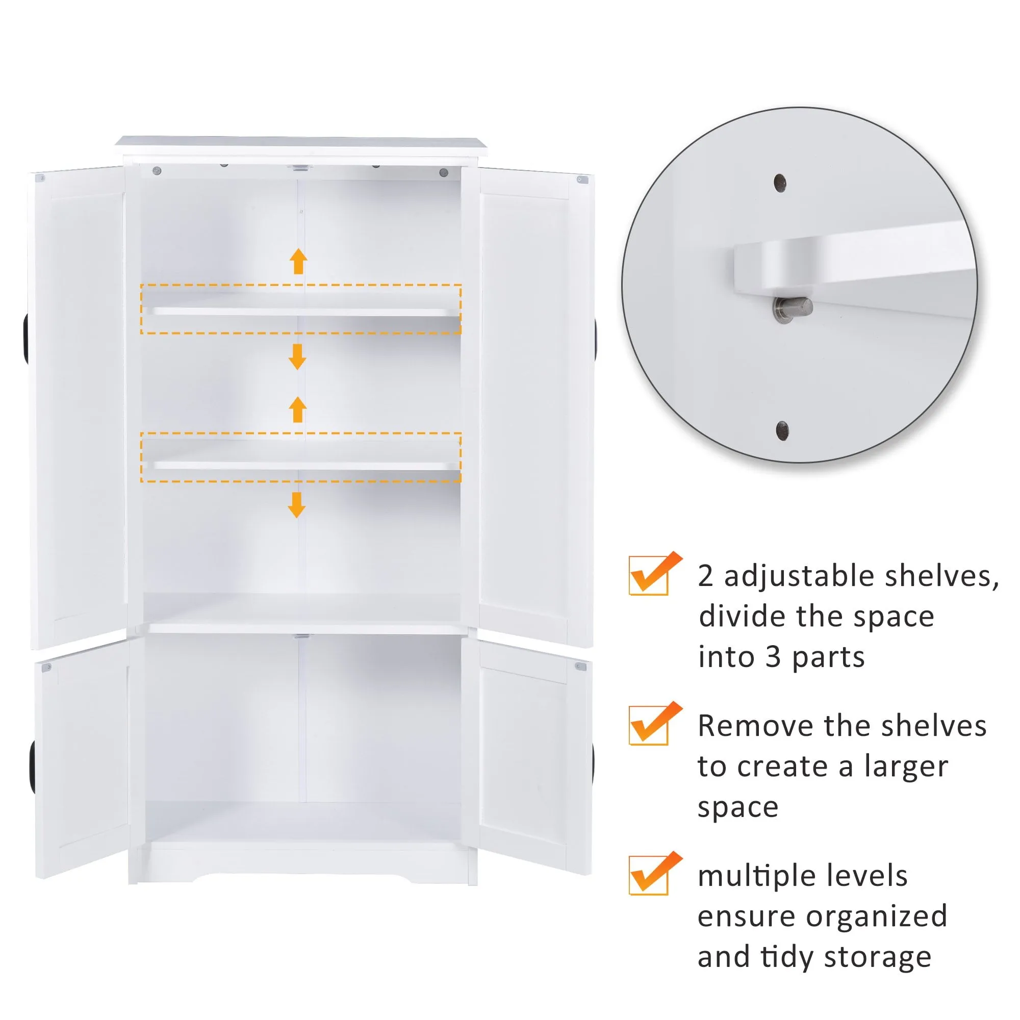 Accent Floor Storage Cabinet Kitchen Pantry with Adjustable Shelves and 2 Lower Doors, White w/Adjustable Shelves