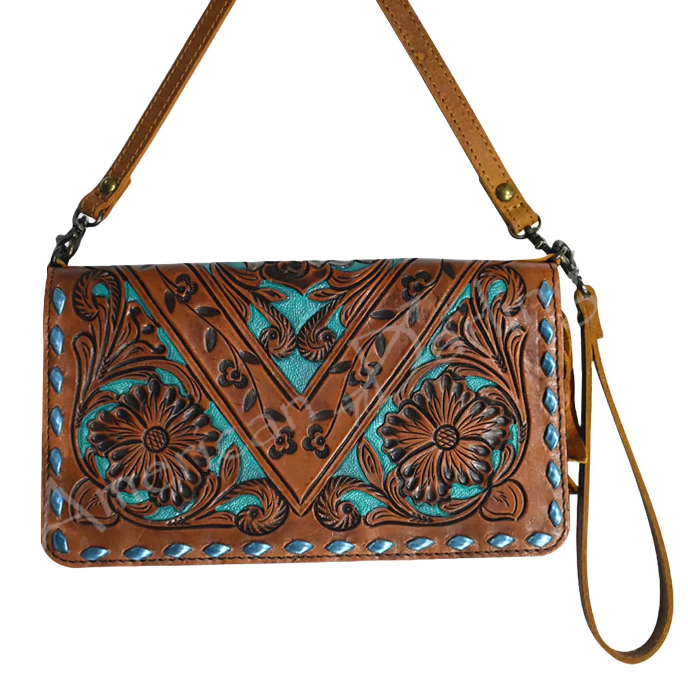 American Darling® Floral Embossed Turquoise & Brown Bag ADBG485BR