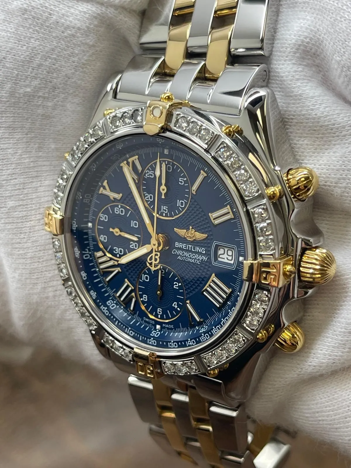 Breitling Crosswind 43mm Custom Diamond Bezel B13055 Blue Roman Dial Automatic Men's Watch