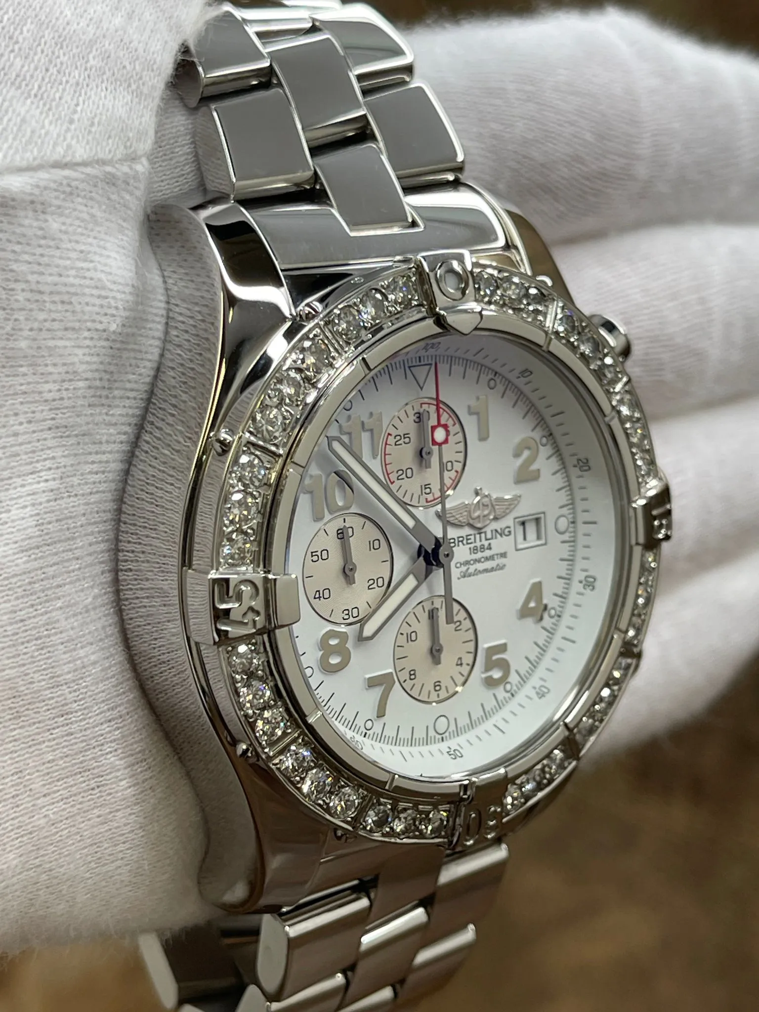 Breitling Super Avenger Custom Diamond Bezel A13370 White Dial Automatic Men's Watch