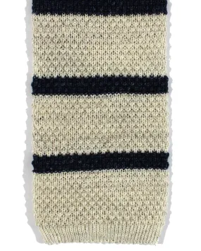 Brunello Cucinelli Square End Knitted Tie White Navy Stripes Cotton/ Linen FINAL SALE