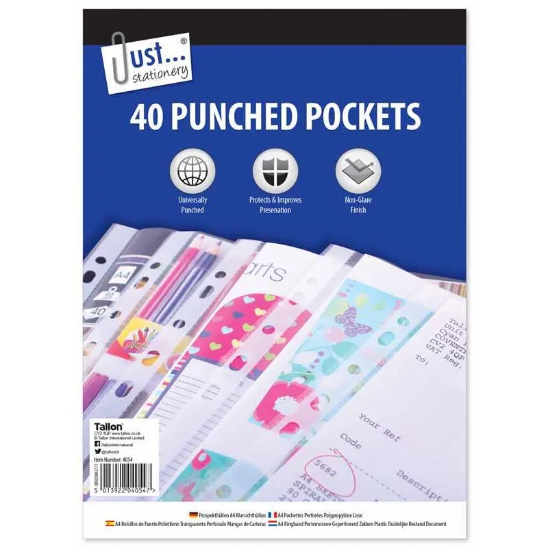 Clear Punched Pockets - 40 Pack Non Glare Finish A4 Document Sleeves