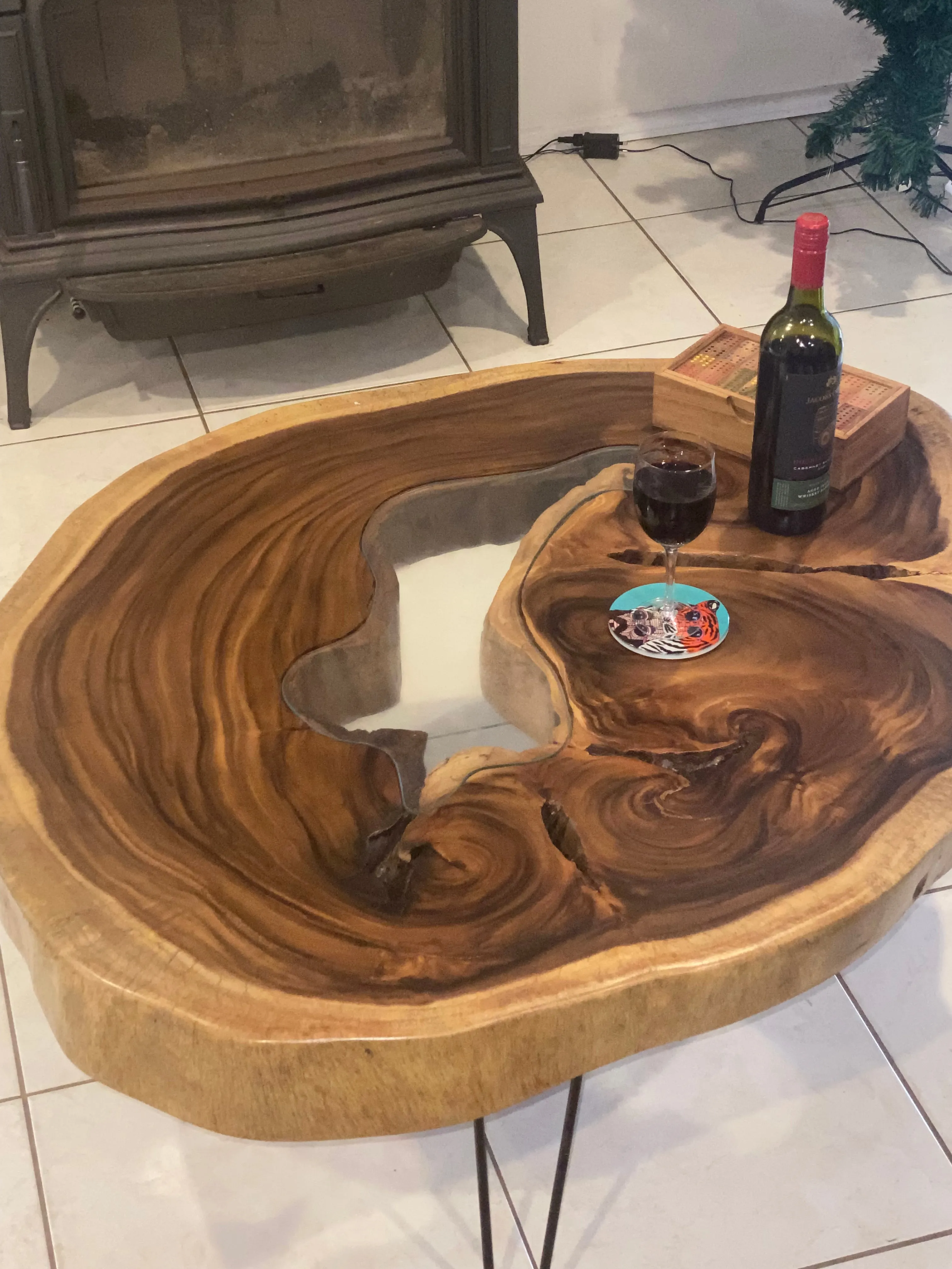 Coffee Table, Round wood large  112 cm across 91cm width and 9 cm thick, glass inlay feature