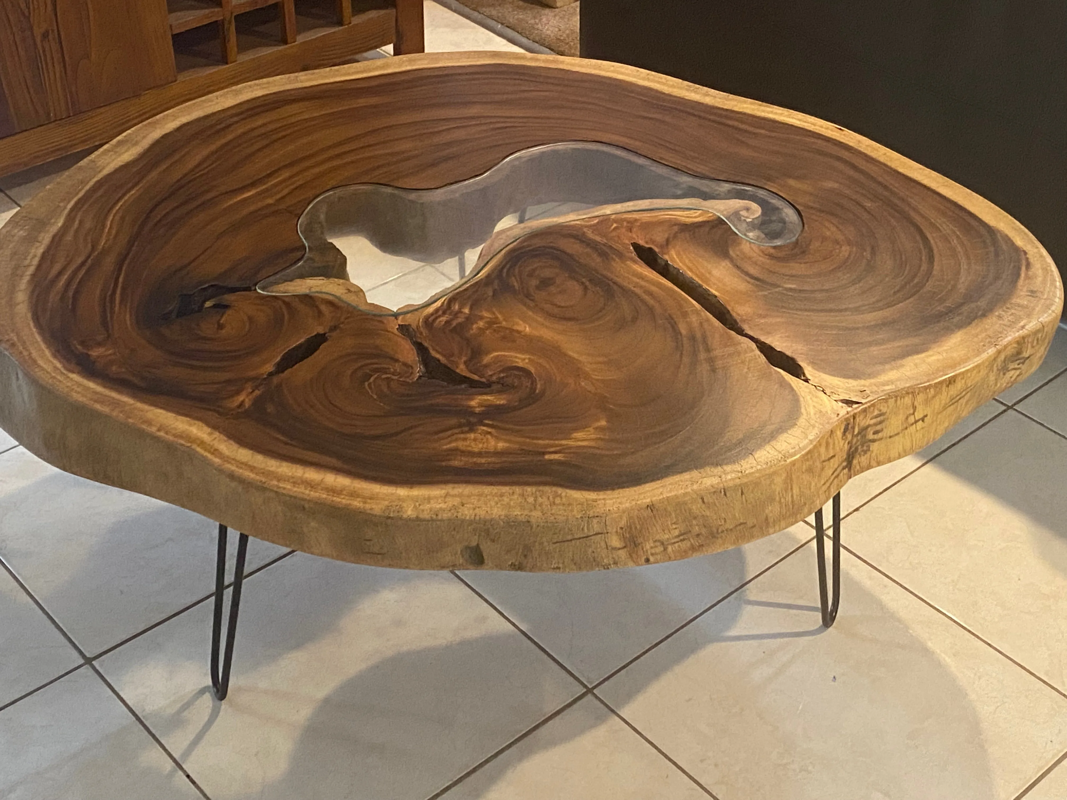 Coffee Table, Round wood large  112 cm across 91cm width and 9 cm thick, glass inlay feature