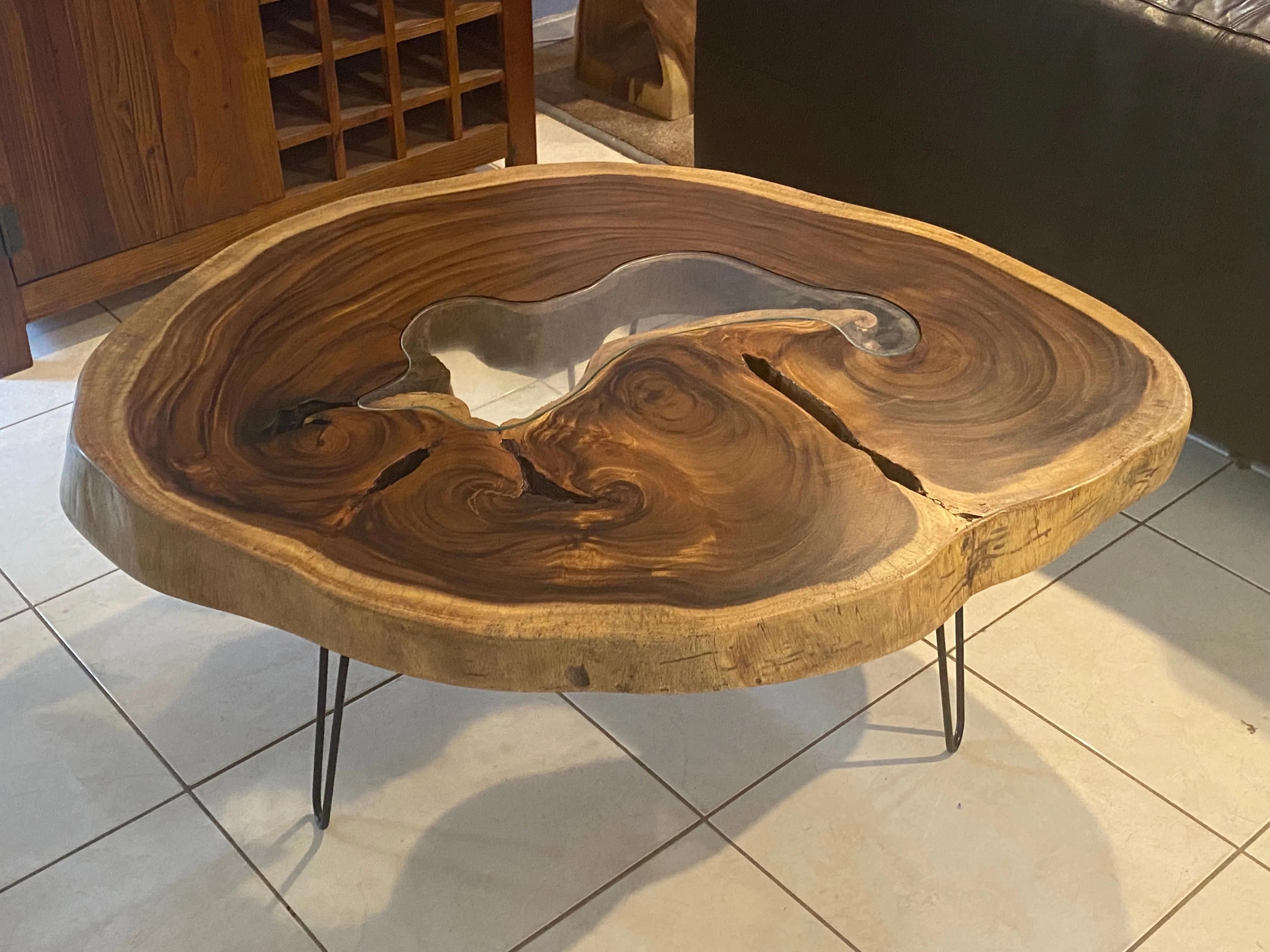 Coffee Table, Round wood large  112 cm across 91cm width and 9 cm thick, glass inlay feature