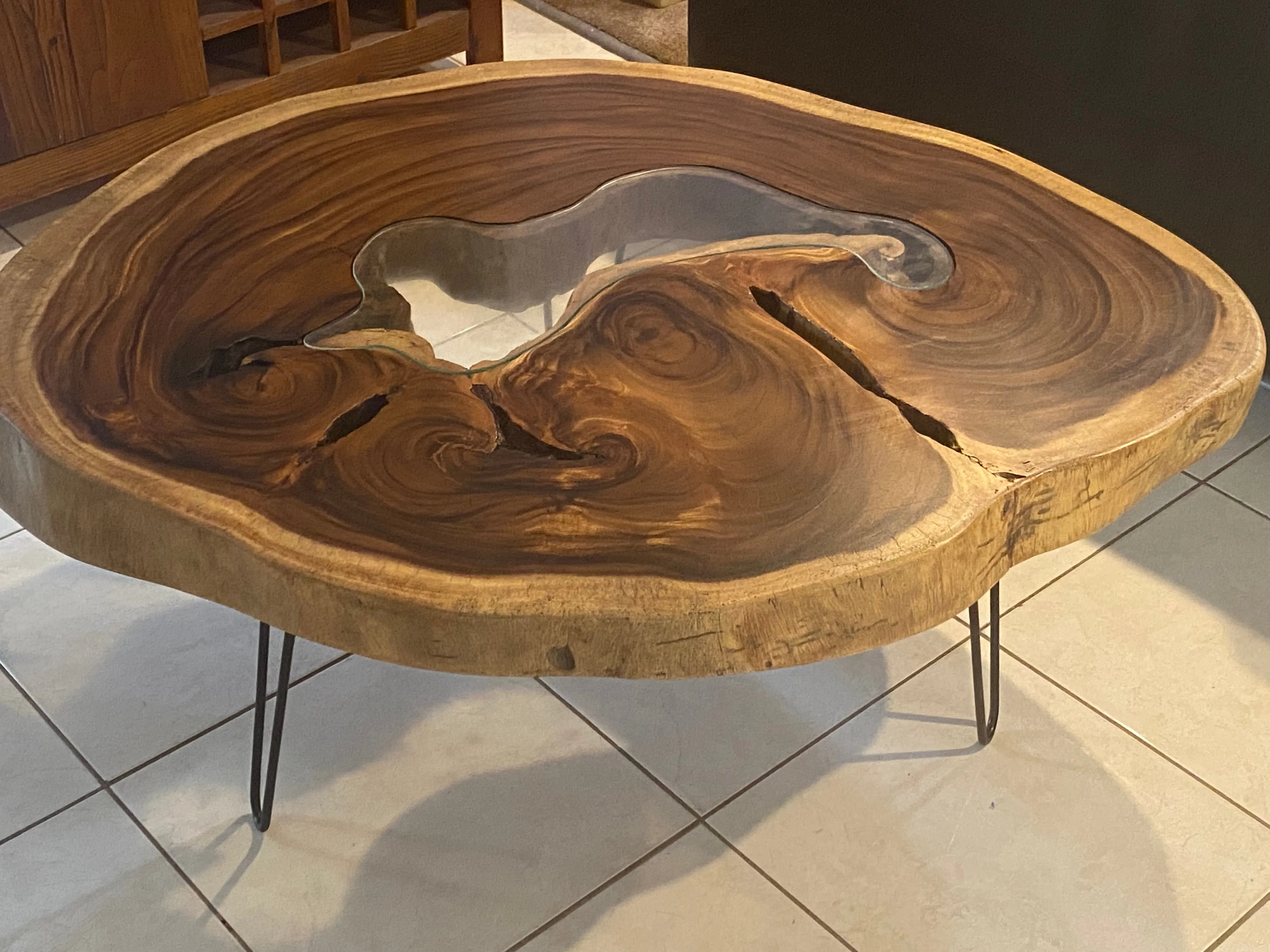 Coffee Table, Round wood large  112 cm across 91cm width and 9 cm thick, glass inlay feature