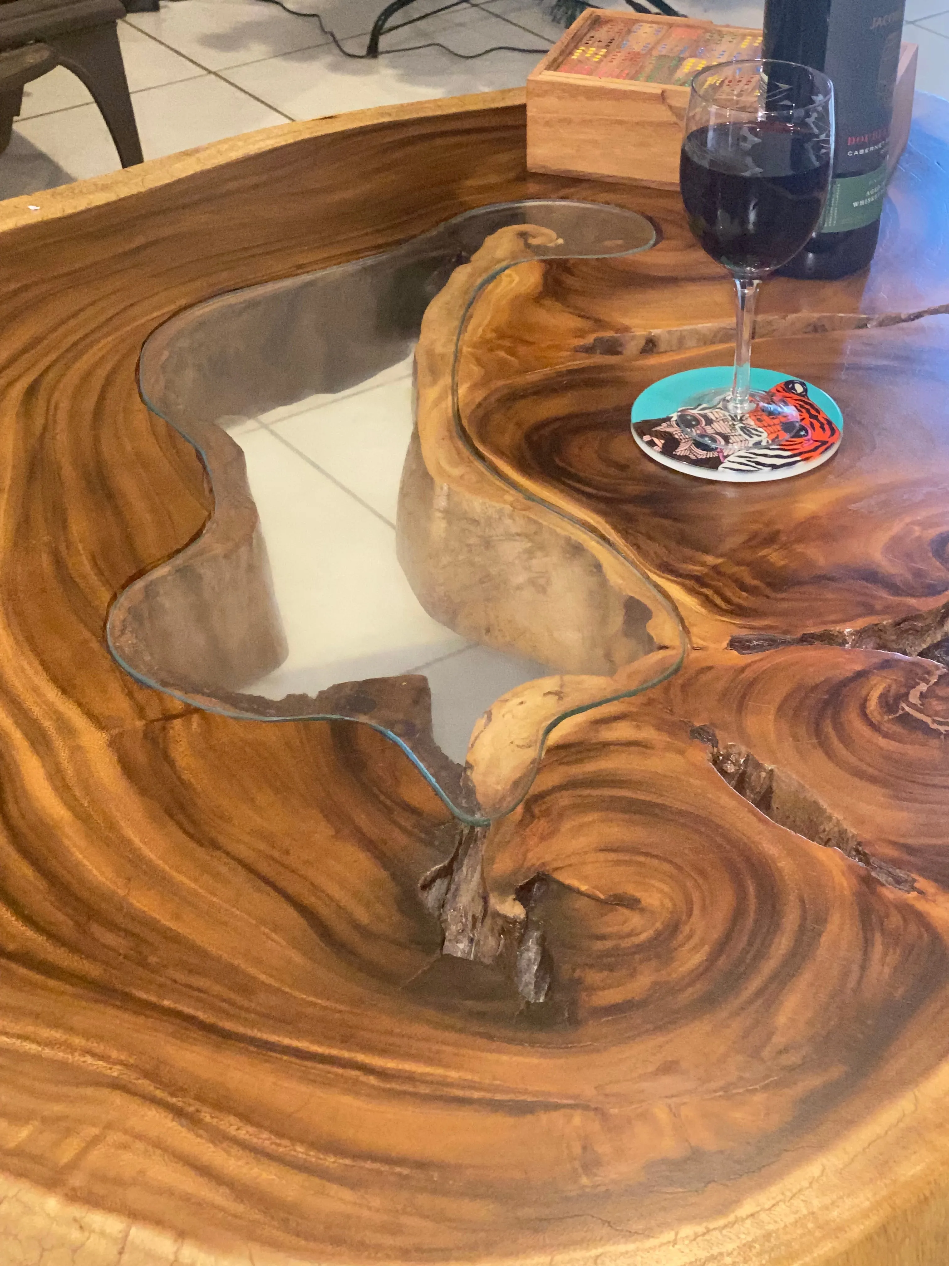 Coffee Table, Round wood large  112 cm across 91cm width and 9 cm thick, glass inlay feature