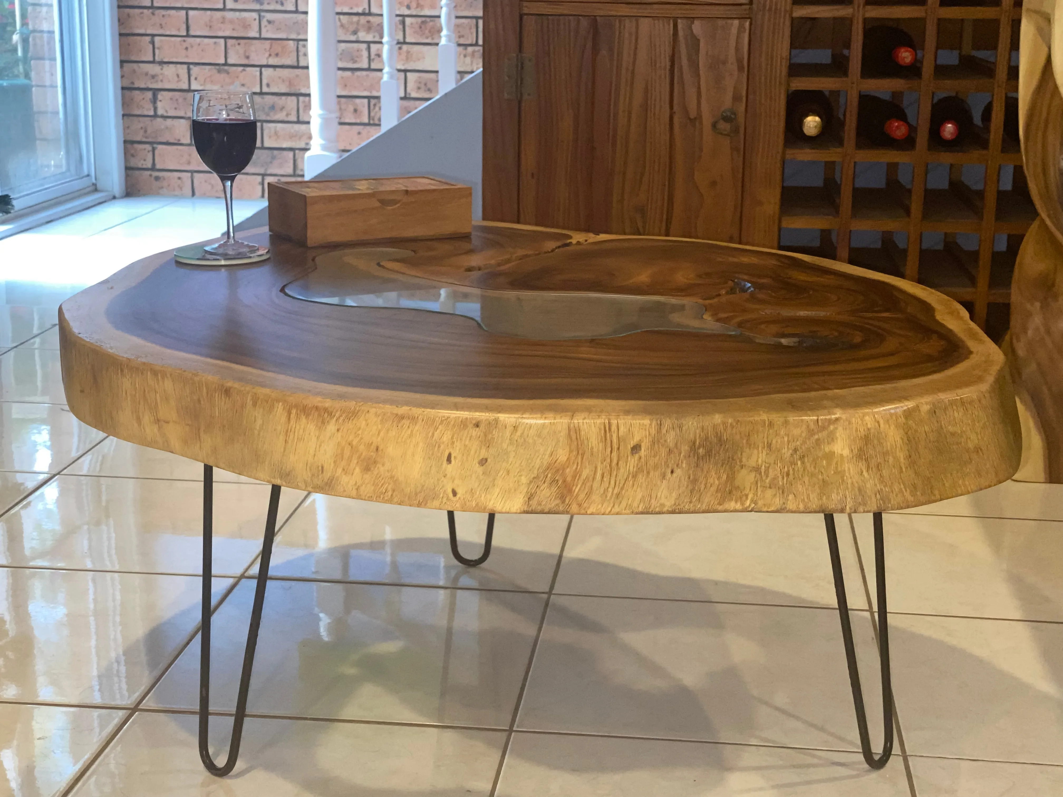 Coffee Table, Round wood large  112 cm across 91cm width and 9 cm thick, glass inlay feature