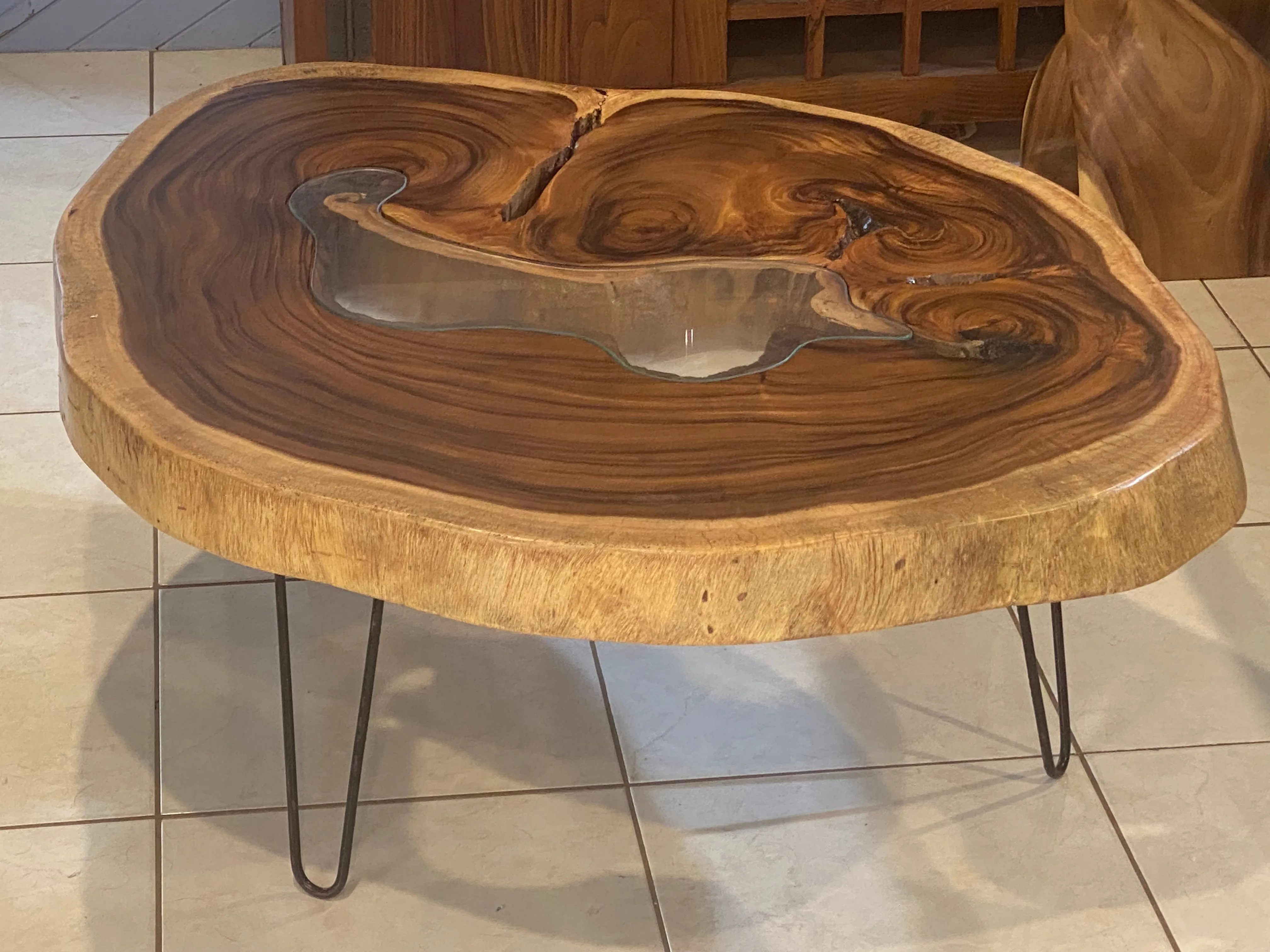 Coffee Table, Round wood large  112 cm across 91cm width and 9 cm thick, glass inlay feature