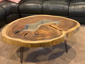 Coffee Table, Round wood large  112 cm across 91cm width and 9 cm thick, glass inlay feature