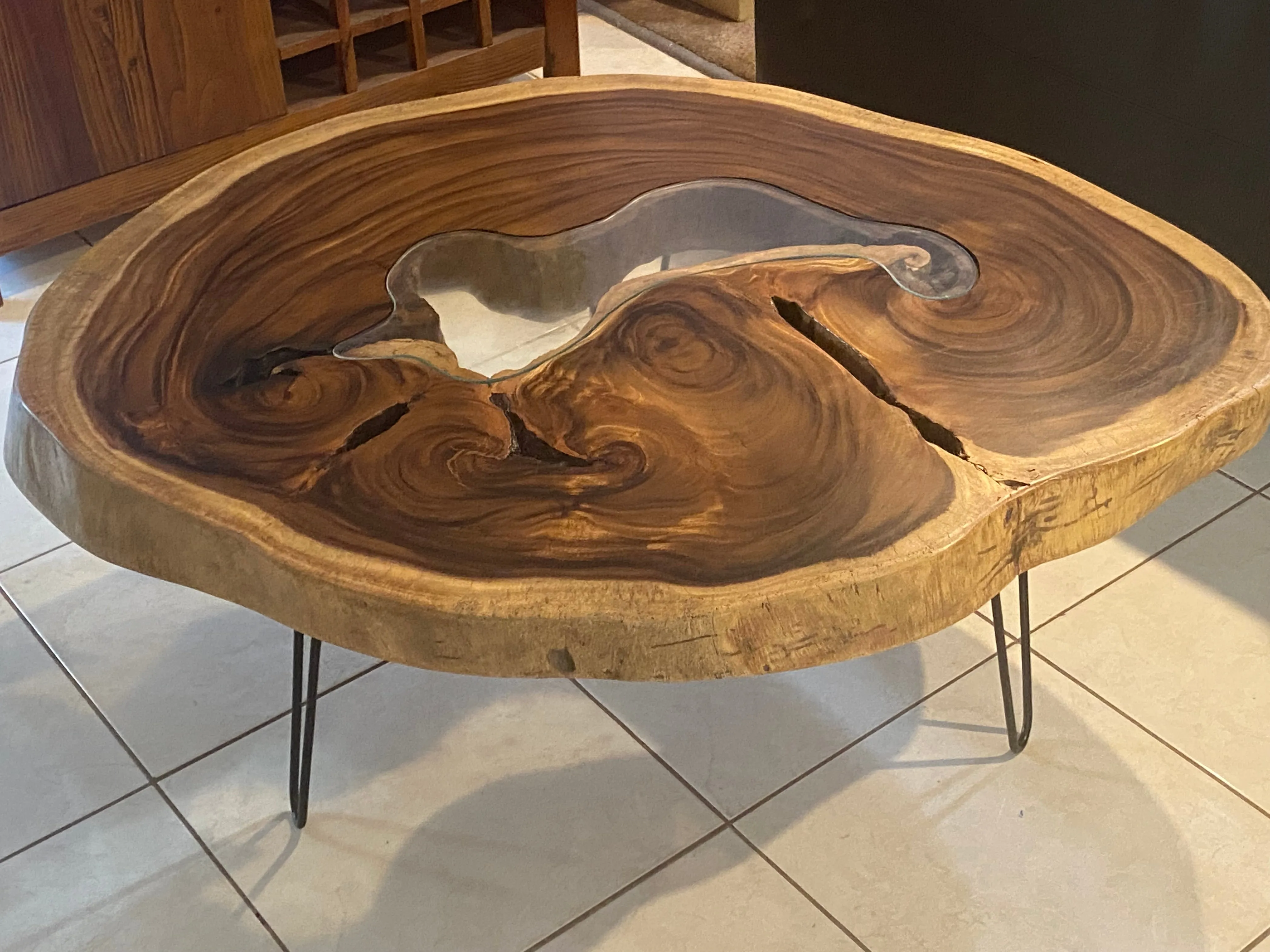 Coffee Table, Round wood large  112 cm across 91cm width and 9 cm thick, glass inlay feature