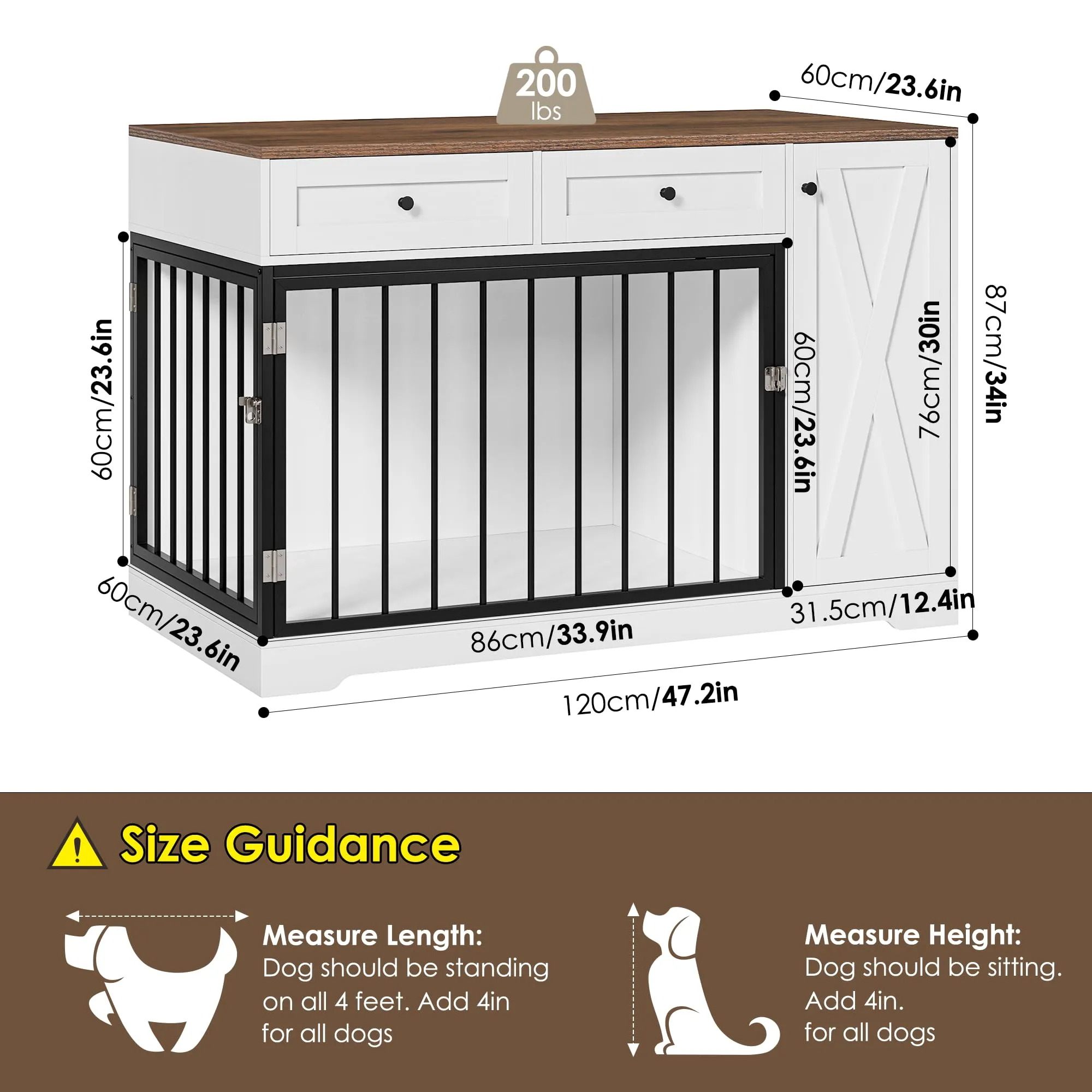 Dog Crate Furniture Kennel with Double Doors Wooden Pet House with 2 Drawers and Storage Cabinet, Indoor Dog Cage Farmhouse Modern Side End Table for Small Medium Dogs, White