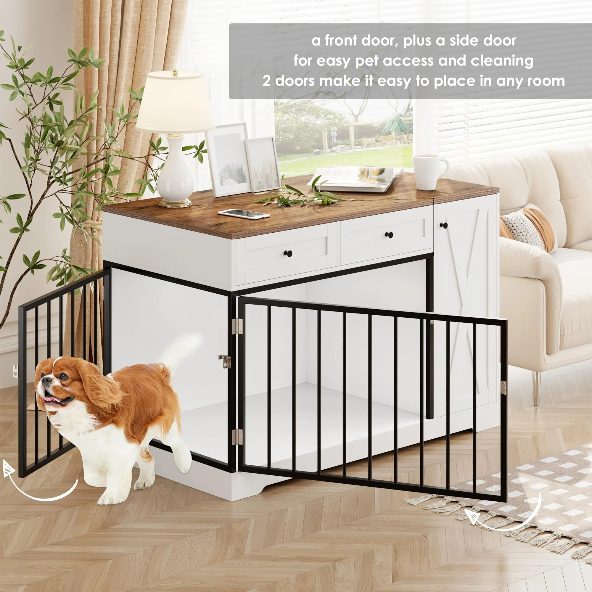 Dog Crate Furniture Kennel with Double Doors Wooden Pet House with 2 Drawers and Storage Cabinet, Indoor Dog Cage Farmhouse Modern Side End Table for Small Medium Dogs, White