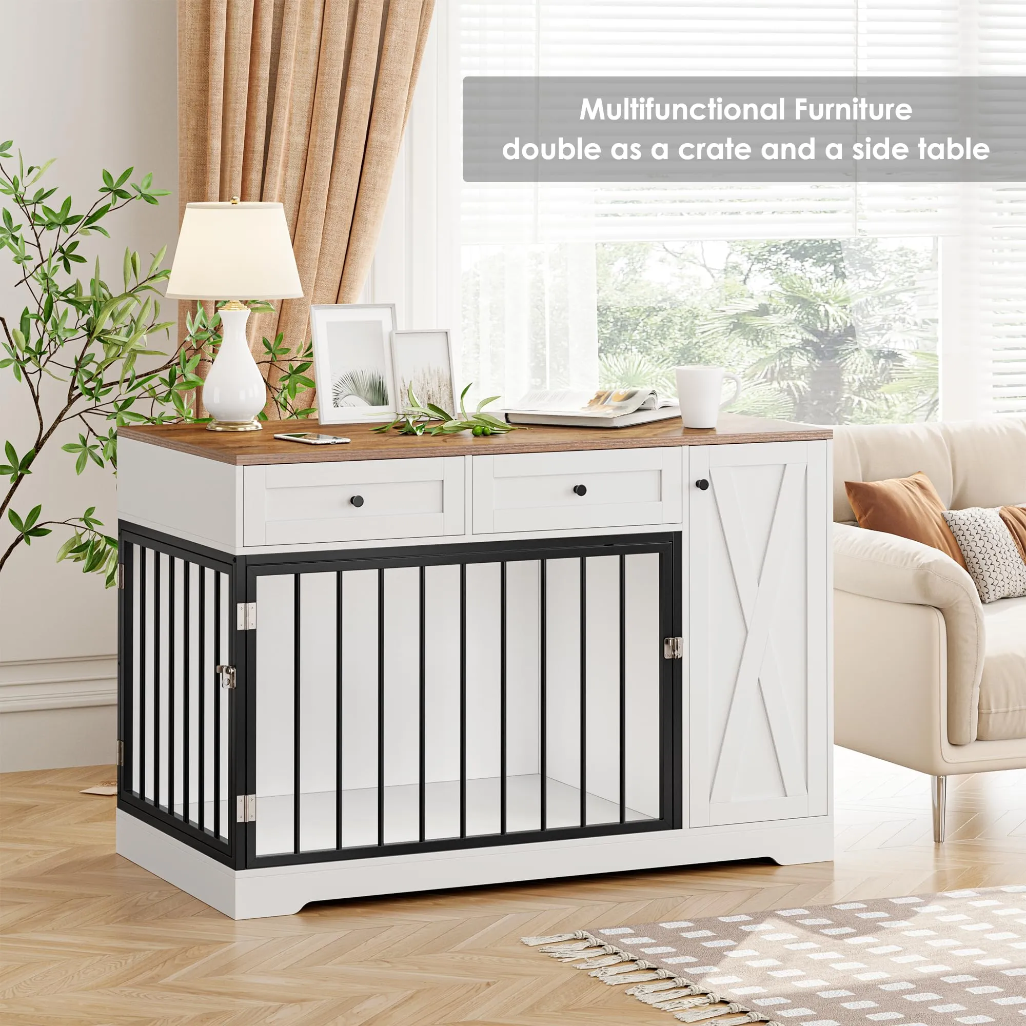 Dog Crate Furniture Kennel with Double Doors Wooden Pet House with 2 Drawers and Storage Cabinet, Indoor Dog Cage Farmhouse Modern Side End Table for Small Medium Dogs, White