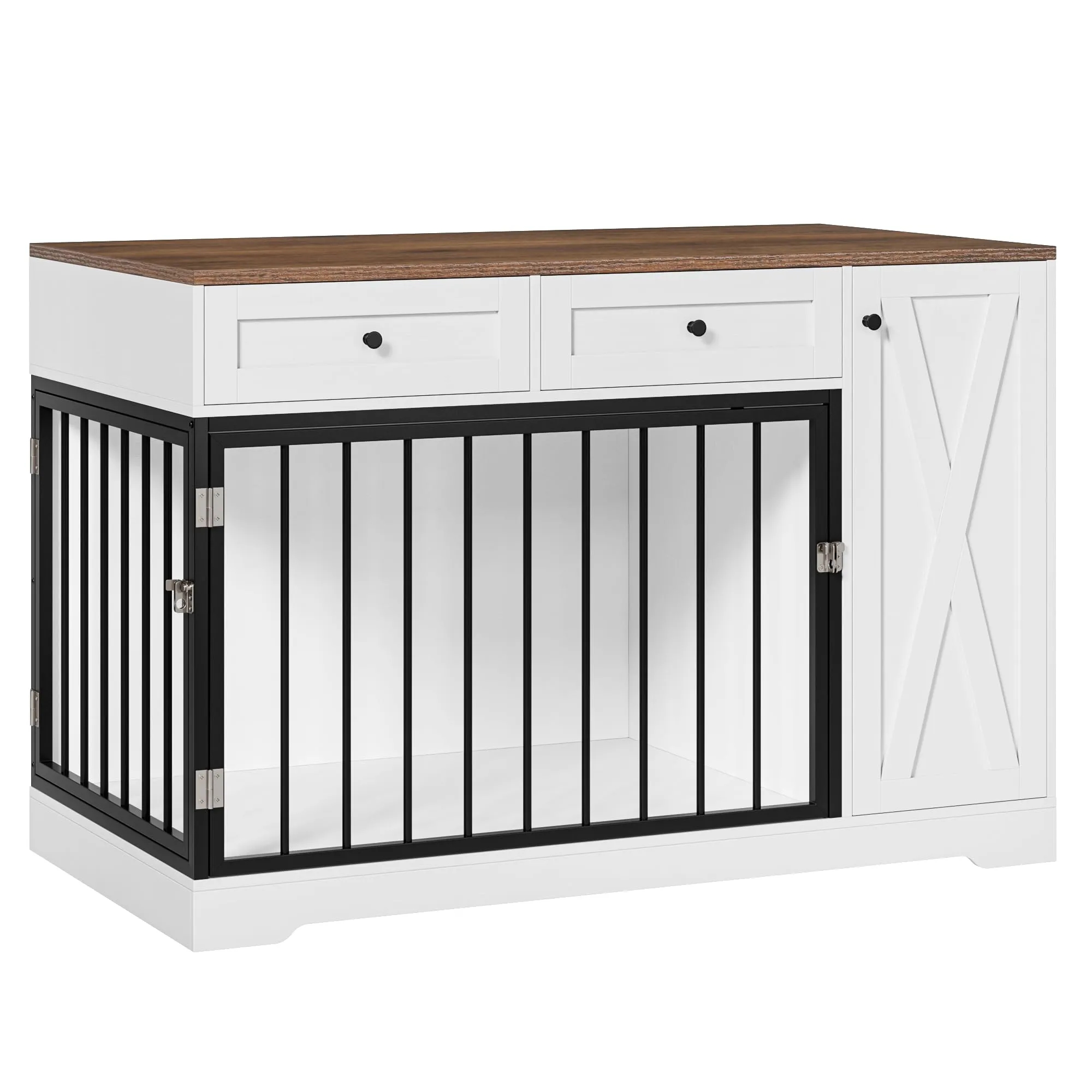 Dog Crate Furniture Kennel with Double Doors Wooden Pet House with 2 Drawers and Storage Cabinet, Indoor Dog Cage Farmhouse Modern Side End Table for Small Medium Dogs, White