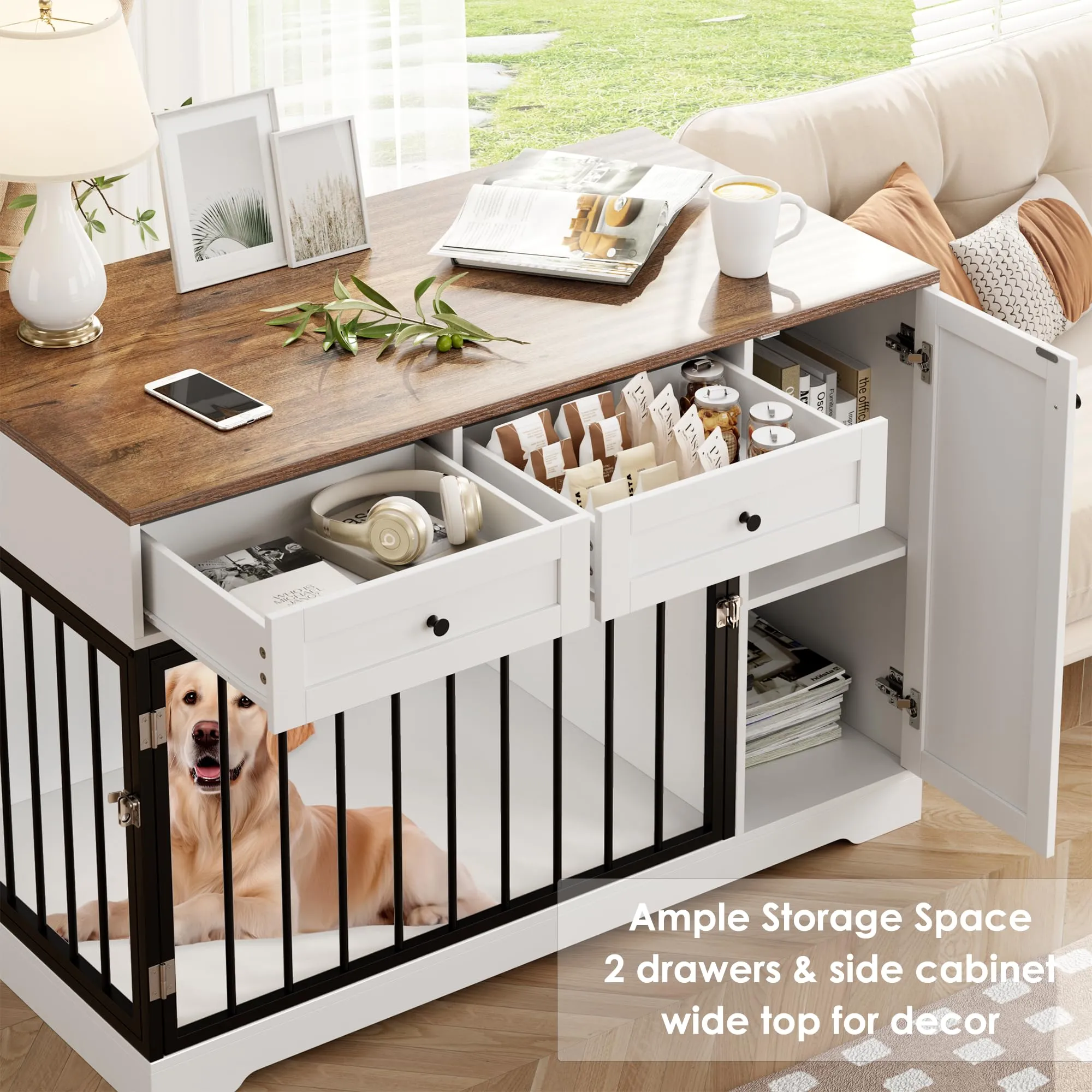 Dog Crate Furniture Kennel with Double Doors Wooden Pet House with 2 Drawers and Storage Cabinet, Indoor Dog Cage Farmhouse Modern Side End Table for Small Medium Dogs, White