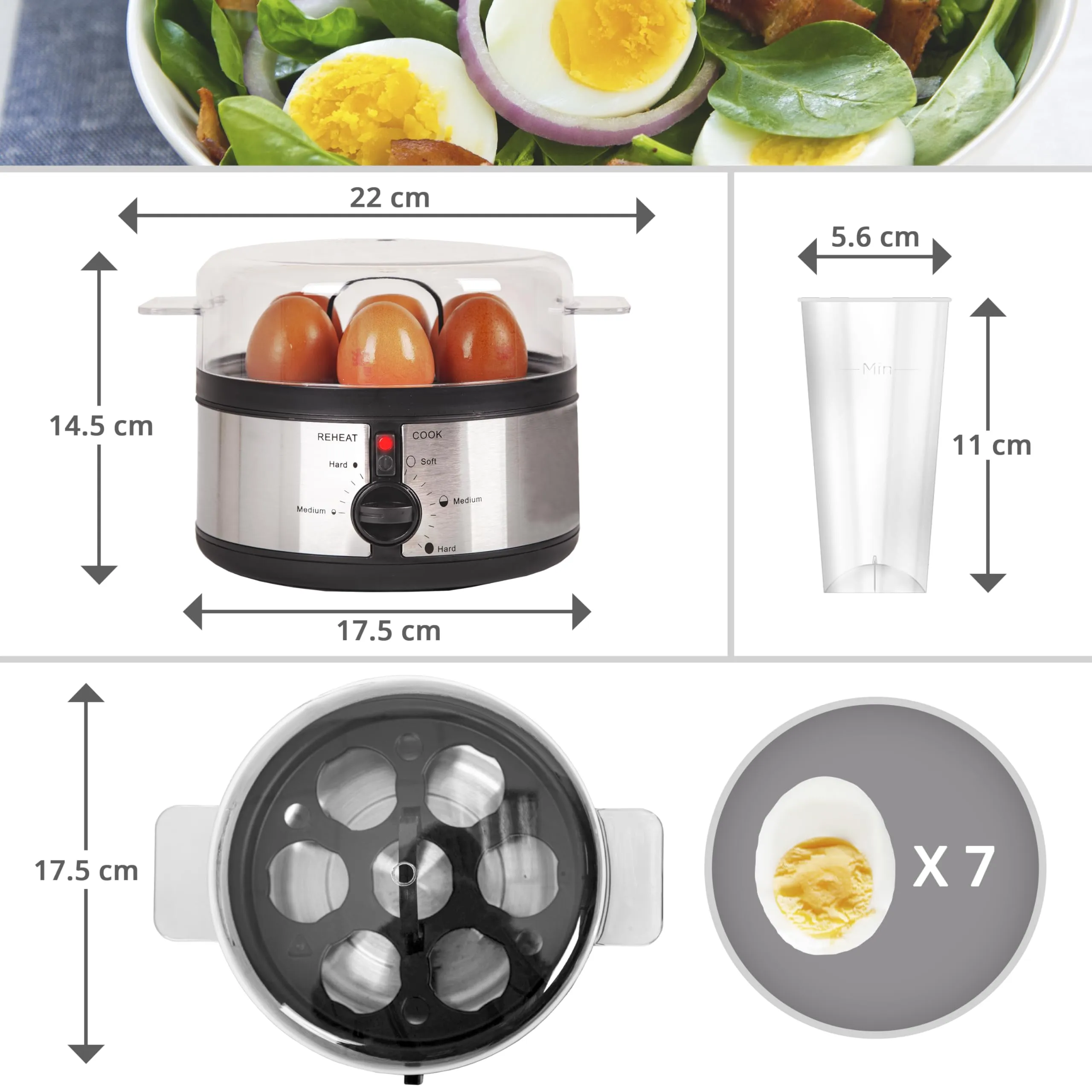 Duronic Electric Egg Boiler EB35 BK Steamer for Eggs, 7 Egg Cooker for Soft, Medium, Hard Boiled Eggs, Electric Egg Poacher Machine With Alarm Timer