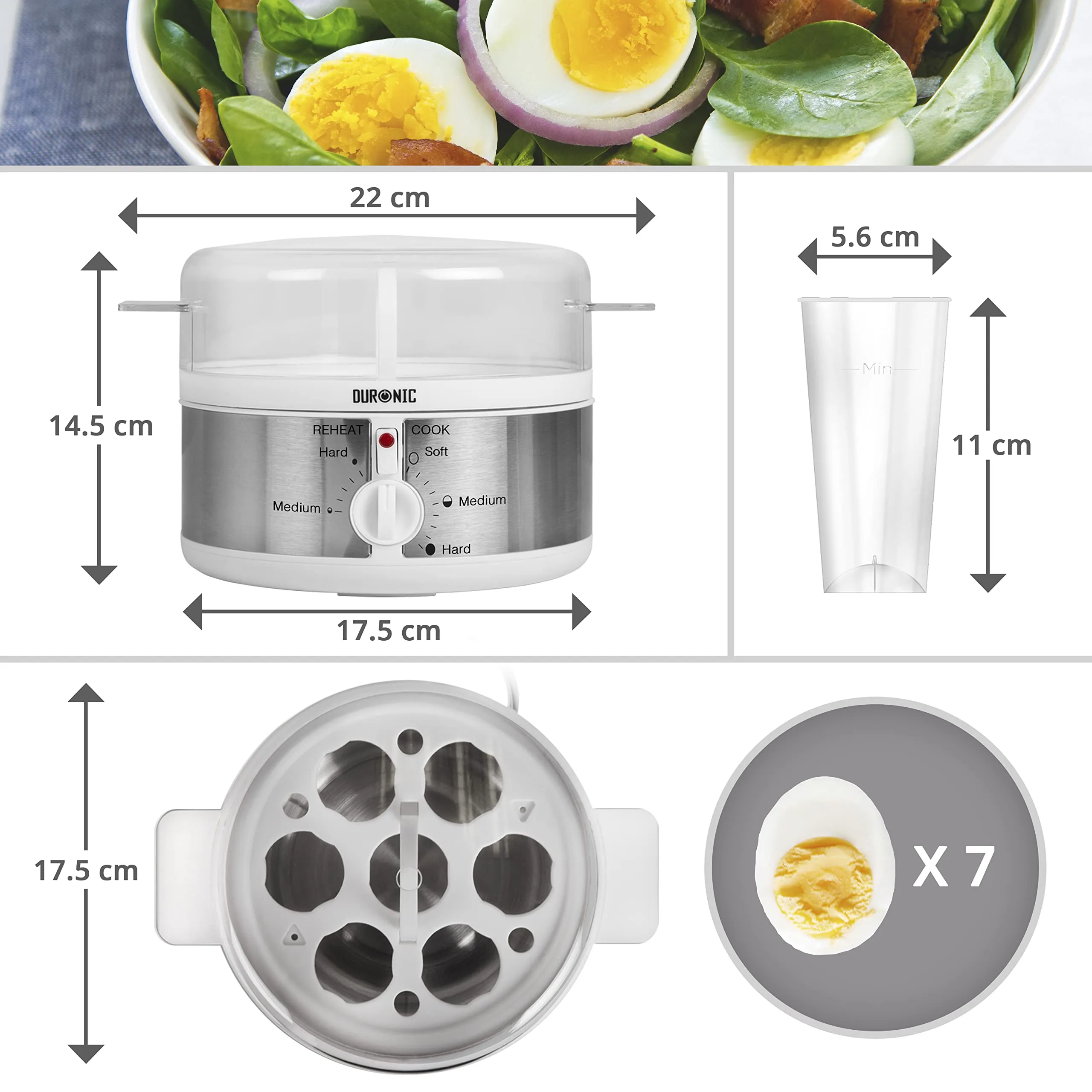 Duronic Electric Egg Boiler EB35 WE Steamer for Eggs, 7 Egg Cooker for Soft, Medium, Hard Boiled Eggs, Electric Egg Poacher Machine with Alarm Timer