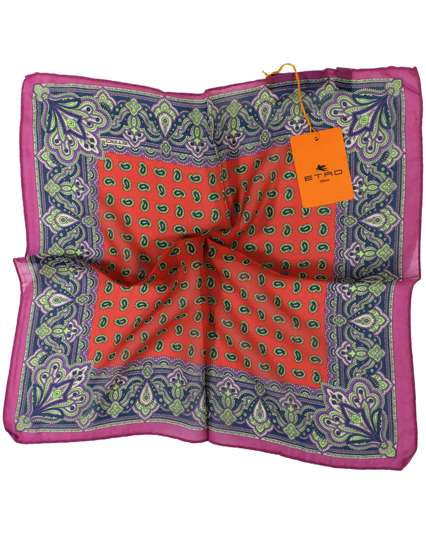 Etro Silk Pocket Square Purple Green Orange Paisley