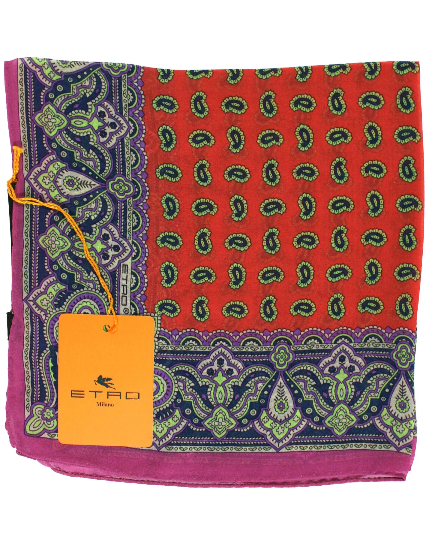 Etro Silk Pocket Square Purple Green Orange Paisley