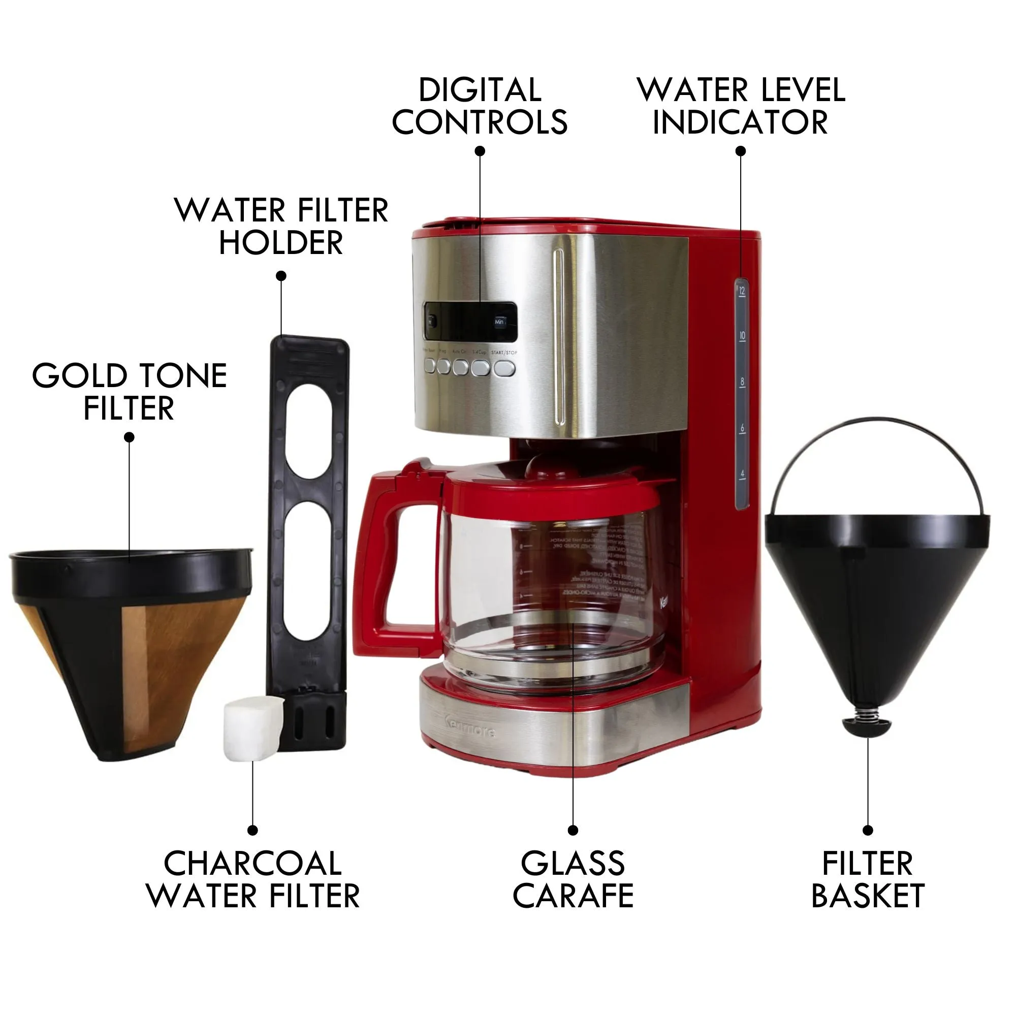 Kenmore Aroma Control 12-Cup Programmable Coffee Maker, Red and Stainless Steel Drip Coffee Machine, Glass Carafe, Reusable Filter, Timer, Digital Display Charcoal Water Filter, Regular or Bold