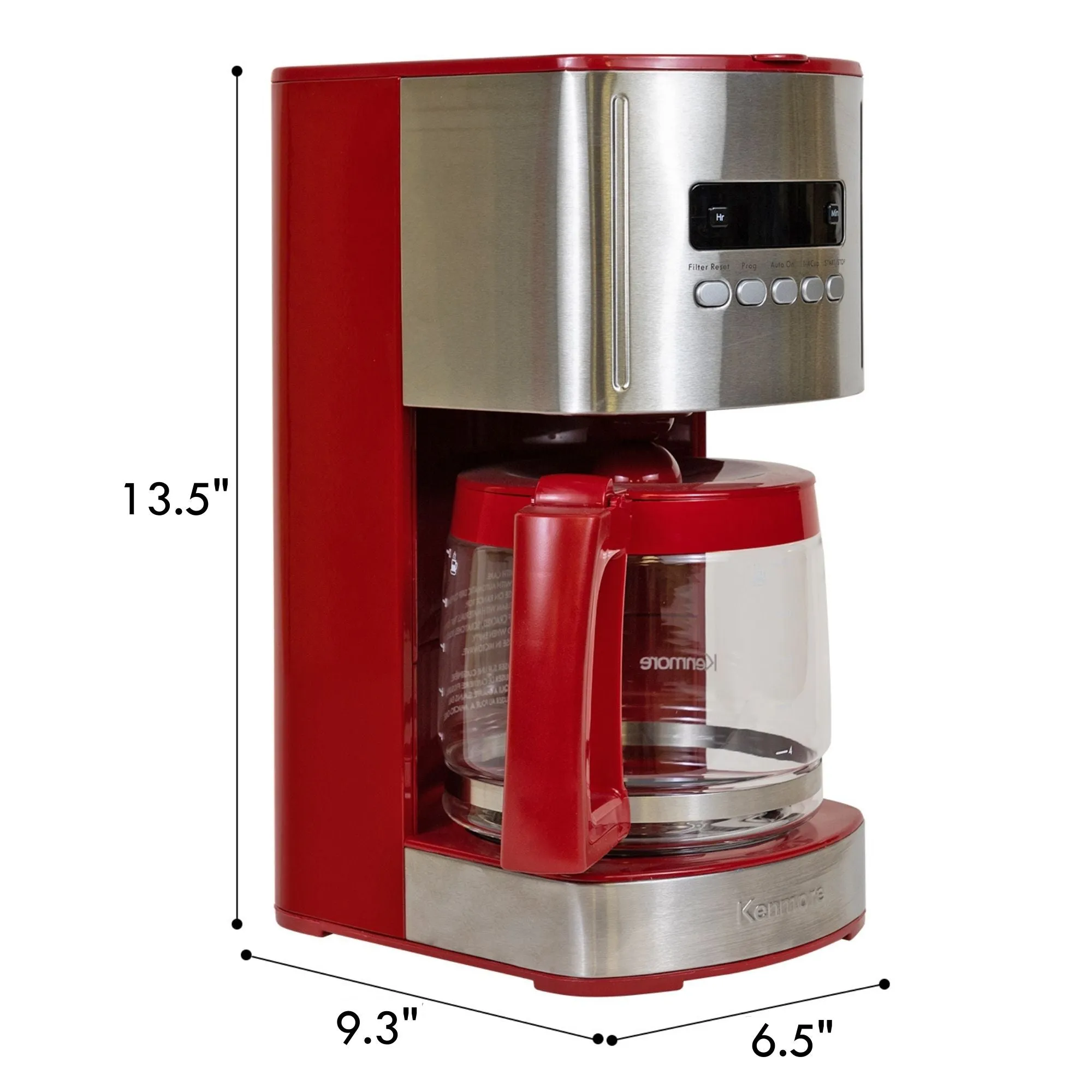 Kenmore Aroma Control 12-Cup Programmable Coffee Maker, Red and Stainless Steel Drip Coffee Machine, Glass Carafe, Reusable Filter, Timer, Digital Display Charcoal Water Filter, Regular or Bold