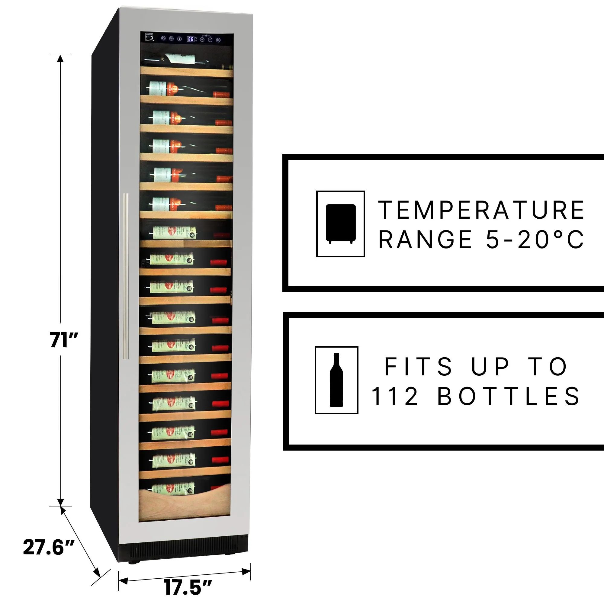 Kenmore Elite 18 Inch Compressor Wine Fridge, 112 Bottle Wine Cooler, Built-In Or Freestanding Wine Refrigerator, Digital Temperature Control, Low Noise, UV Protective Glass, Reversible Door, Black